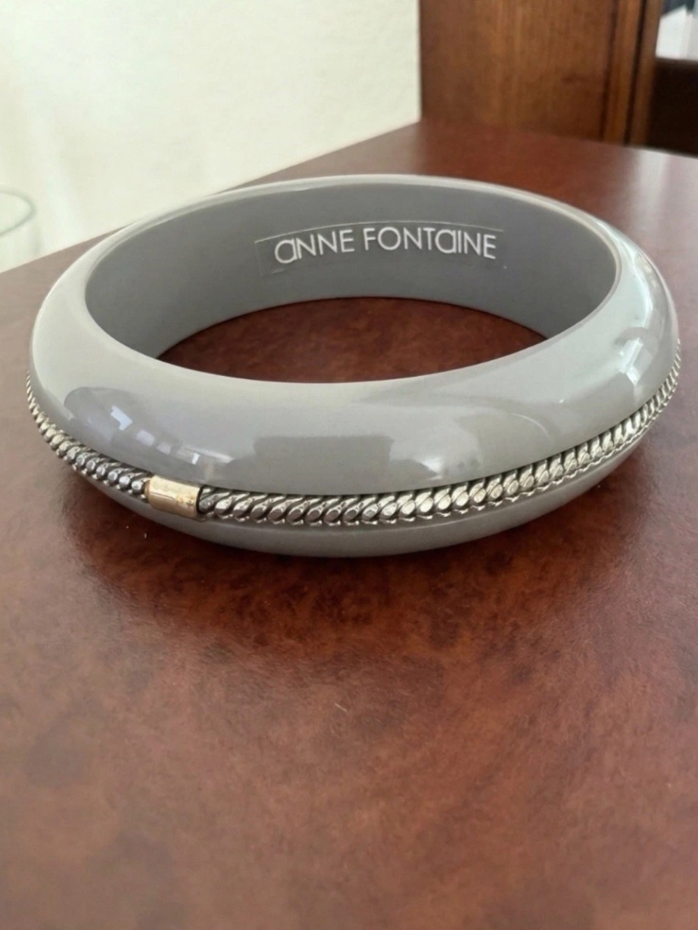 Anne Fontaine Vintage Gray Bangle Bracelet with Chain Detail, Signed, Round